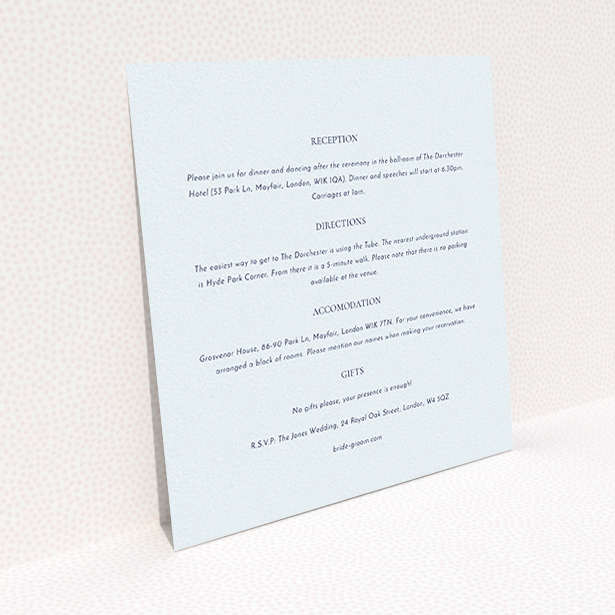 A wedding information sheet template titled "Front and centre". It is a square (148mm x 148mm) card in a square orientation. "Front and centre" is available as a flat card, with mainly light blue colouring.