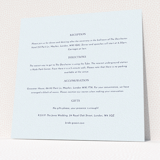 A wedding information sheet template titled "Front and centre". It is a square (148mm x 148mm) card in a square orientation. "Front and centre" is available as a flat card, with mainly light blue colouring.