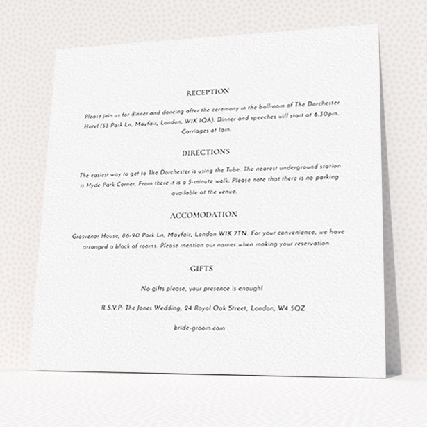 A wedding information sheet named "Front and centre". It is a square (148mm x 148mm) card in a square orientation. "Front and centre" is available as a flat card, with mainly white colouring.