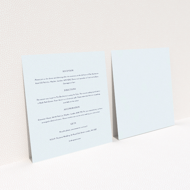 A wedding information sheet template titled "Front and centre". It is a square (148mm x 148mm) card in a square orientation. "Front and centre" is available as a flat card, with mainly light blue colouring.