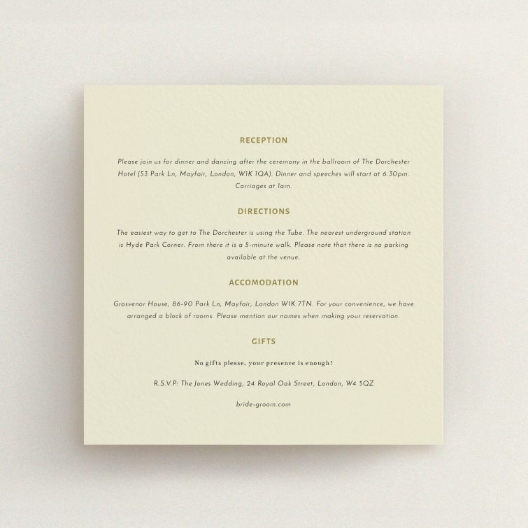 A wedding information sheet called "Full knot". It is a square (148mm x 148mm) card in a square orientation. "Full knot" is available as a flat card, with mainly cream colouring.