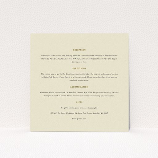 A wedding information sheet called "Full knot". It is a square (148mm x 148mm) card in a square orientation. "Full knot" is available as a flat card, with mainly cream colouring.