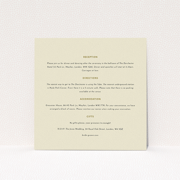 A wedding information sheet called "Full knot". It is a square (148mm x 148mm) card in a square orientation. "Full knot" is available as a flat card, with mainly cream colouring.