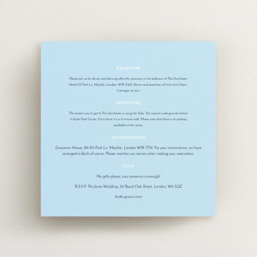 Wedding Information Insert Sheets - Full Knot (Light Blue) A wedding information sheet template titled "Full knot". It is a square (148mm x 148mm) card in a square orientation. "Full knot" is available as a flat card, with mainly light blue colouring.