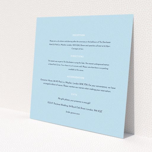 A wedding information sheet template titled 'Full knot'. It is a square (148mm x 148mm) card in a square orientation. 'Full knot' is available as a flat card, with mainly light blue colouring.