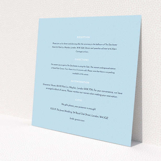 A wedding information sheet template titled "Full knot". It is a square (148mm x 148mm) card in a square orientation. "Full knot" is available as a flat card, with mainly light blue colouring.