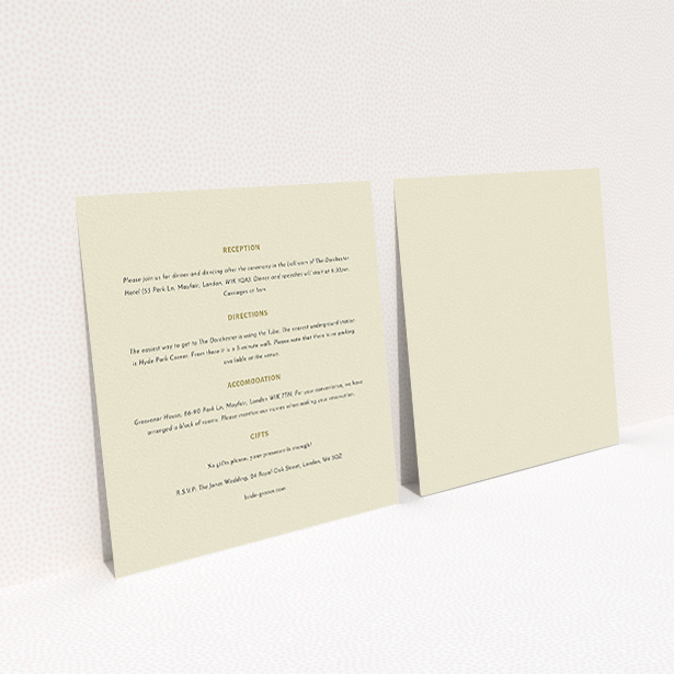 A wedding information sheet called "Full knot". It is a square (148mm x 148mm) card in a square orientation. "Full knot" is available as a flat card, with mainly cream colouring.
