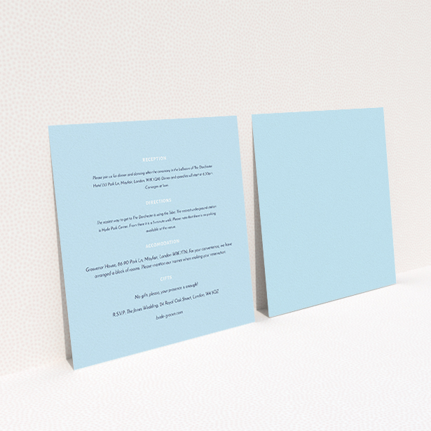 A wedding information sheet template titled "Full knot". It is a square (148mm x 148mm) card in a square orientation. "Full knot" is available as a flat card, with mainly light blue colouring.