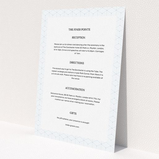 A wedding information sheet called 'Geometric grid'. It is an A5 card in a portrait orientation. 'Geometric grid' is available as a flat card, with mainly light blue colouring.