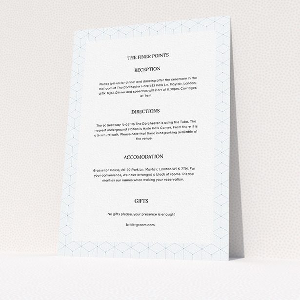 A wedding information sheet called "Geometric grid". It is an A5 card in a portrait orientation. "Geometric grid" is available as a flat card, with mainly light blue colouring.