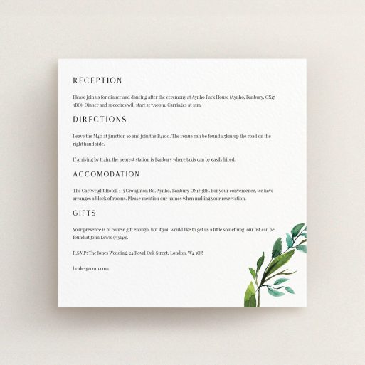 Wedding Information Sheet Design - "Greek Wreath" A wedding information sheet template titled "Greek Wreath". It is a square (148mm x 148mm) card in a square orientation. "Greek Wreath" is available as a flat card, with tones of white and green.