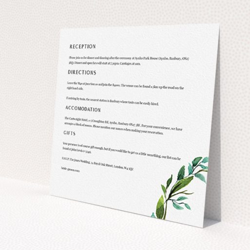 A wedding information sheet template titled 'Greek Wreath'. It is a square (148mm x 148mm) card in a square orientation. 'Greek Wreath' is available as a flat card, with tones of white and green.