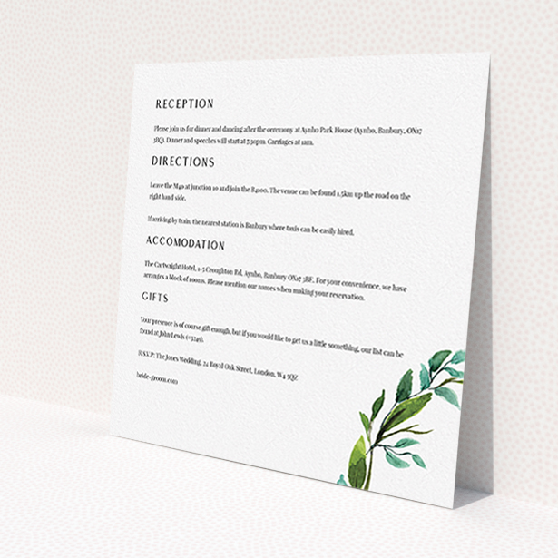 A wedding information sheet template titled "Greek Wreath". It is a square (148mm x 148mm) card in a square orientation. "Greek Wreath" is available as a flat card, with tones of white and green.