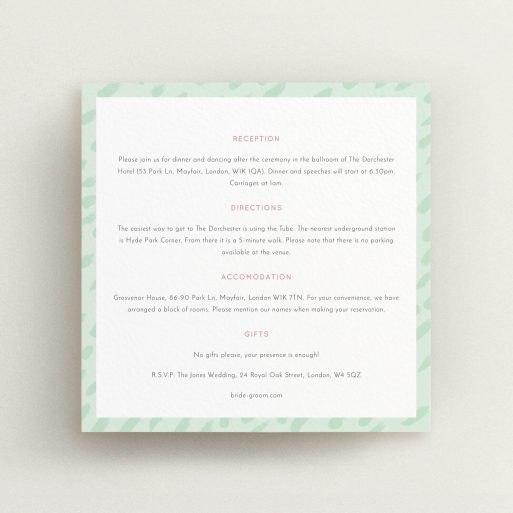 Wedding Information Sheet Design - "Green Strokes" A wedding information sheet design called "Green Strokes". It is a square (148mm x 148mm) card in a square orientation. "Green Strokes" is available as a flat card, with mainly green colouring.