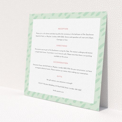 A wedding information sheet design called 'Green Strokes'. It is a square (148mm x 148mm) card in a square orientation. 'Green Strokes' is available as a flat card, with mainly green colouring.