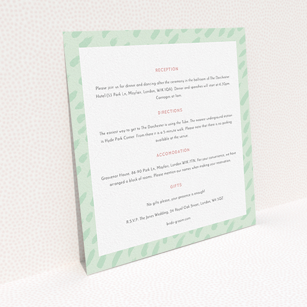 A wedding information sheet design called "Green Strokes". It is a square (148mm x 148mm) card in a square orientation. "Green Strokes" is available as a flat card, with mainly green colouring.