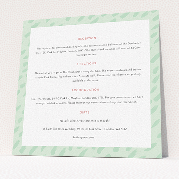 A wedding information sheet design called "Green Strokes". It is a square (148mm x 148mm) card in a square orientation. "Green Strokes" is available as a flat card, with mainly green colouring.