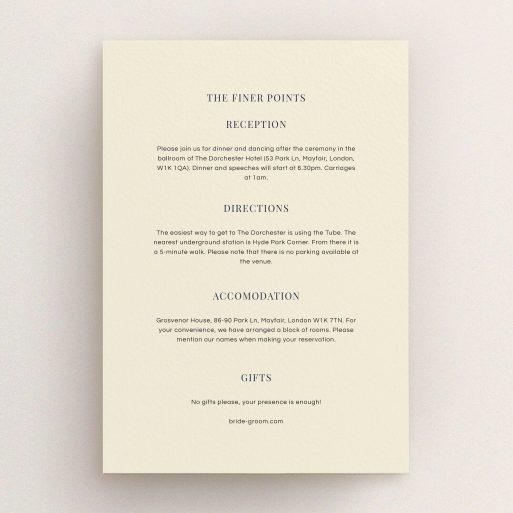 A wedding information sheet design called "Harrison notch". It is an A5 card in a portrait orientation. "Harrison notch" is available as a flat card, with mainly cream colouring.