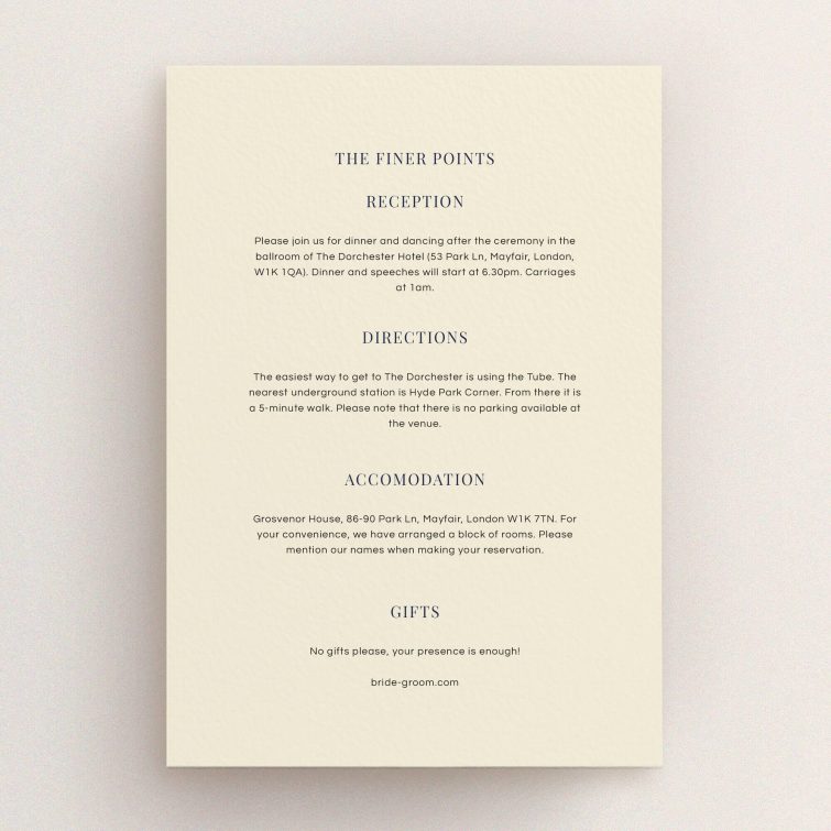 A wedding information sheet design called "Harrison notch". It is an A5 card in a portrait orientation. "Harrison notch" is available as a flat card, with mainly cream colouring.