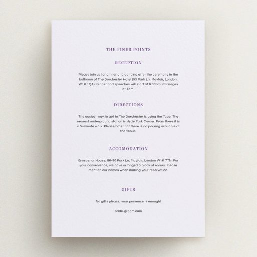 A wedding information sheet called "Harrison notch". It is an A5 card in a portrait orientation. "Harrison notch" is available as a flat card, with mainly white colouring.