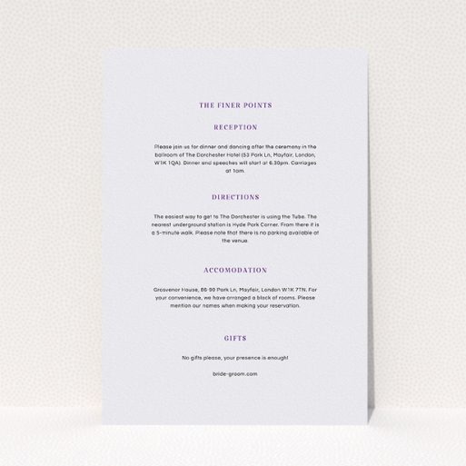 A wedding information sheet called "Harrison notch". It is an A5 card in a portrait orientation. "Harrison notch" is available as a flat card, with mainly white colouring.
