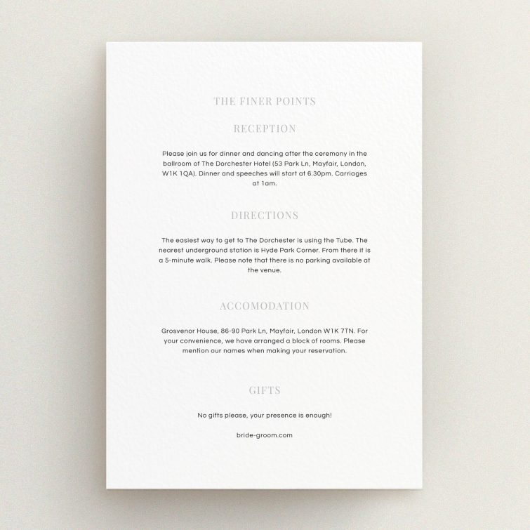 A wedding information sheet design named "Harrison notch". It is an A5 card in a portrait orientation. "Harrison notch" is available as a flat card, with mainly white colouring.
