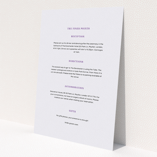 A wedding information sheet called 'Harrison notch'. It is an A5 card in a portrait orientation. 'Harrison notch' is available as a flat card, with mainly white colouring.