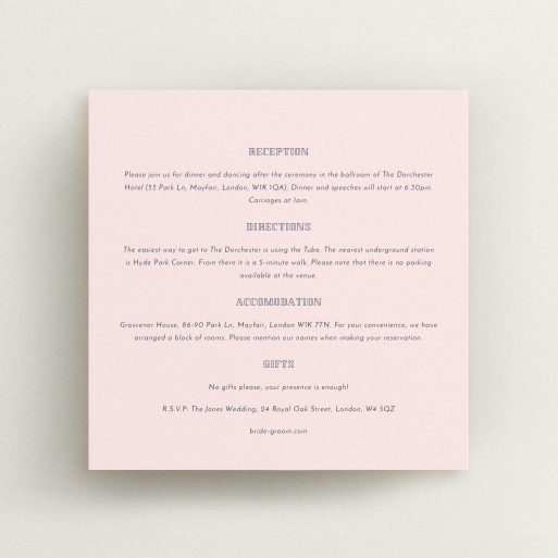Wedding Information Sheet Design - "In between the lines square" A wedding information sheet called "In between the lines square". It is a square (148mm x 148mm) card in a square orientation. "In between the lines square" is available as a flat card, with mainly light pink colouring.