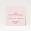 A wedding information sheet called "In between the lines square". It is a square (148mm x 148mm) card in a square orientation. "In between the lines square" is available as a flat card, with mainly light pink colouring.