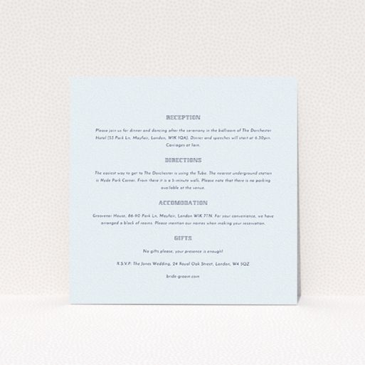 A wedding information sheet design called "In between the lines square". It is a square (148mm x 148mm) card in a square orientation. "In between the lines square" is available as a flat card, with tones of off-white and red.