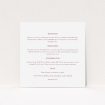 A wedding information sheet design titled "In between the lines square". It is a square (148mm x 148mm) card in a square orientation. "In between the lines square" is available as a flat card, with mainly white colouring.