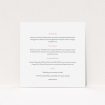 A wedding information sheet design named "In between the lines square". It is a square (148mm x 148mm) card in a square orientation. "In between the lines square" is available as a flat card, with mainly white colouring.