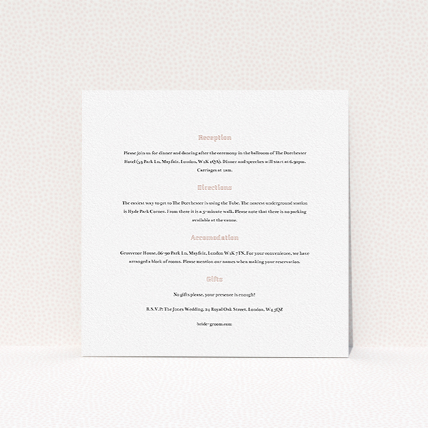 A wedding information sheet design named "In between the lines square". It is a square (148mm x 148mm) card in a square orientation. "In between the lines square" is available as a flat card, with mainly white colouring.