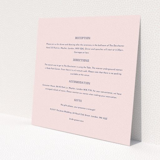 A wedding information sheet called 'In between the lines square'. It is a square (148mm x 148mm) card in a square orientation. 'In between the lines square' is available as a flat card, with mainly light pink colouring.
