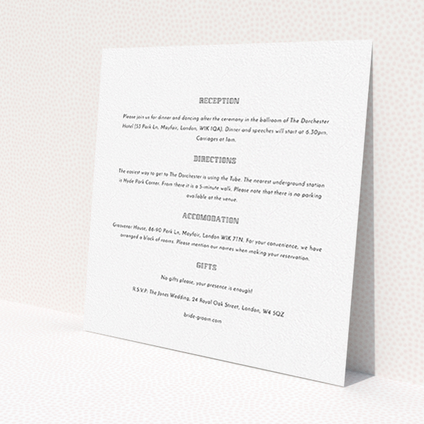 A wedding information sheet template titled "In between the lines square". It is a square (148mm x 148mm) card in a square orientation. "In between the lines square" is available as a flat card, with mainly white colouring.