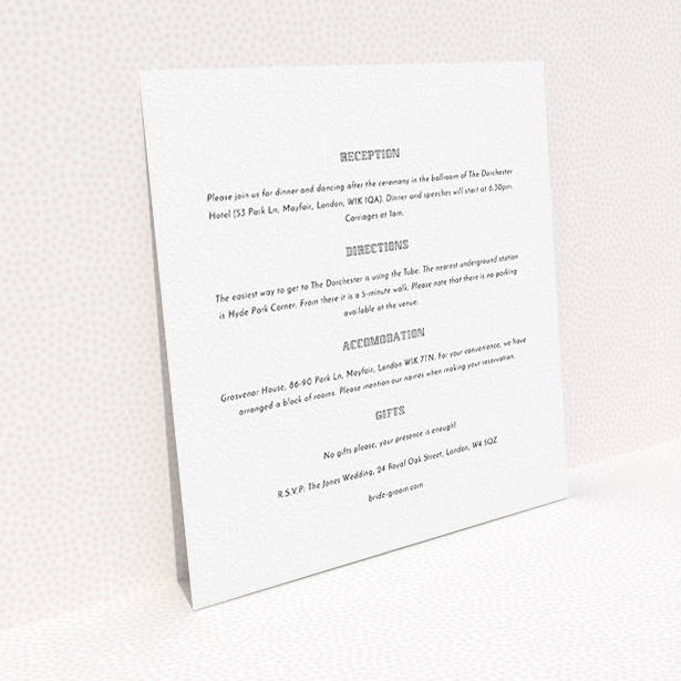 A wedding information sheet template titled "In between the lines square". It is a square (148mm x 148mm) card in a square orientation. "In between the lines square" is available as a flat card, with mainly white colouring.