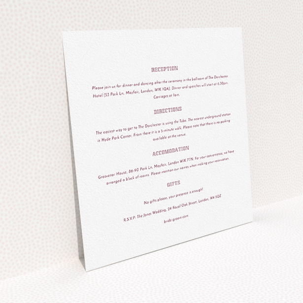 A wedding information sheet design titled "In between the lines square". It is a square (148mm x 148mm) card in a square orientation. "In between the lines square" is available as a flat card, with mainly white colouring.