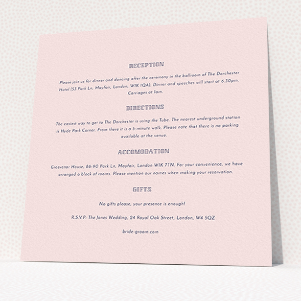 A wedding information sheet called "In between the lines square". It is a square (148mm x 148mm) card in a square orientation. "In between the lines square" is available as a flat card, with mainly light pink colouring.