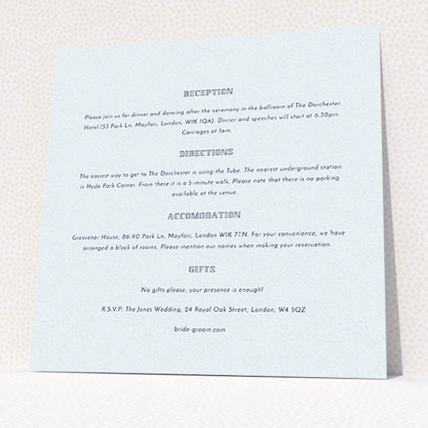 A wedding information sheet design called "In between the lines square". It is a square (148mm x 148mm) card in a square orientation. "In between the lines square" is available as a flat card, with tones of off-white and red.