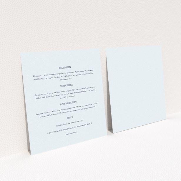 A wedding information sheet design called "In between the lines square". It is a square (148mm x 148mm) card in a square orientation. "In between the lines square" is available as a flat card, with tones of off-white and red.