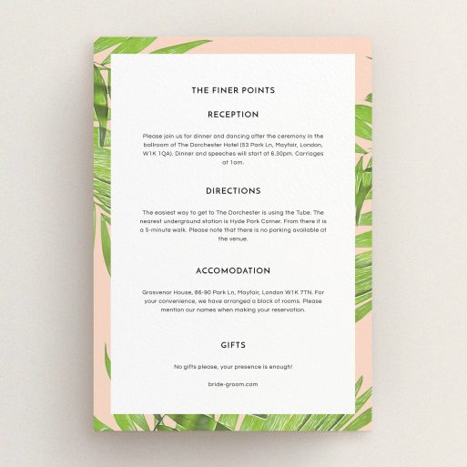 Wedding Information Sheet Design - "In the courtyard" A wedding information sheet named "In the courtyard". It is an A5 card in a portrait orientation. "In the courtyard" is available as a flat card, with tones of light pink and green.