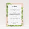 A wedding information sheet named "In the courtyard". It is an A5 card in a portrait orientation. "In the courtyard" is available as a flat card, with tones of light pink and green.