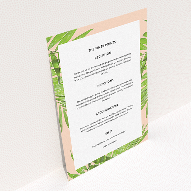 A wedding information sheet named "In the courtyard". It is an A5 card in a portrait orientation. "In the courtyard" is available as a flat card, with tones of light pink and green.