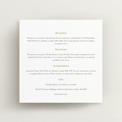 Wedding Information Sheet Design - "In the suburbs" A wedding information sheet design called "In the suburbs". It is a square (148mm x 148mm) card in a square orientation. "In the suburbs" is available as a flat card, with mainly white colouring.