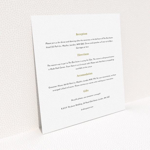 A wedding information sheet design called "In the suburbs". It is a square (148mm x 148mm) card in a square orientation. "In the suburbs" is available as a flat card, with mainly white colouring.