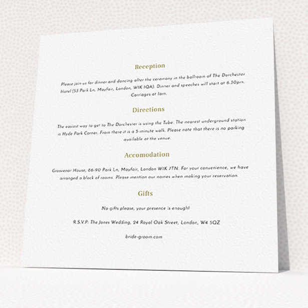 A wedding information sheet design called "In the suburbs". It is a square (148mm x 148mm) card in a square orientation. "In the suburbs" is available as a flat card, with mainly white colouring.