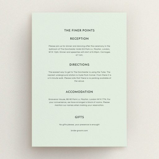 Wedding Information Sheet Design - "Jungle collection" A wedding information sheet template titled "Jungle collection". It is an A5 card in a portrait orientation. "Jungle collection" is available as a flat card, with mainly green colouring.