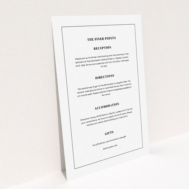 A wedding information sheet template titled "Just us landscape". It is an A5 card in a portrait orientation. "Just us landscape" is available as a flat card, with mainly white colouring.