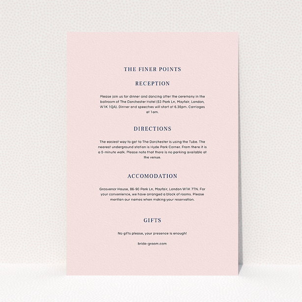 A wedding information sheet design titled "Laydown simple". It is an A5 card in a portrait orientation. "Laydown simple" is available as a flat card, with mainly light pink colouring.