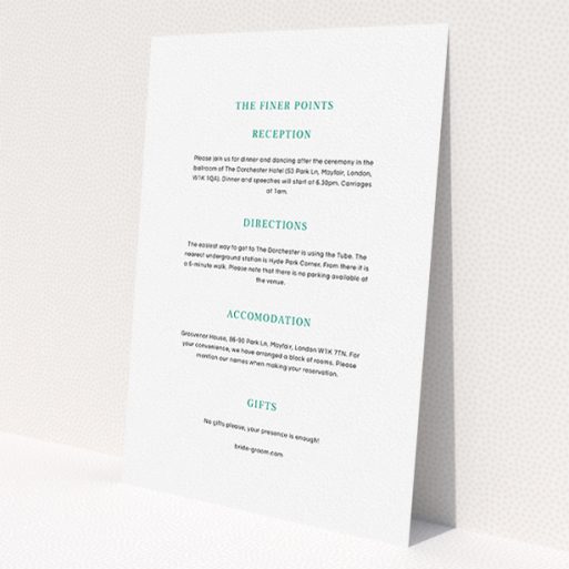 A wedding information sheet design called 'Laydown simple'. It is an A5 card in a portrait orientation. 'Laydown simple' is available as a flat card, with mainly white colouring.